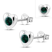 Green Cubic Zirconia Heart Silver Stud Earrings, e416st